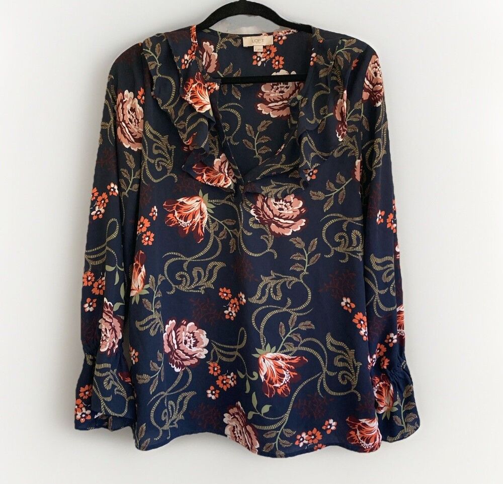 Loft Floral Ruffle Blouse Women’s S Navy Long Sleeve Top Sheer Feminine Romantic